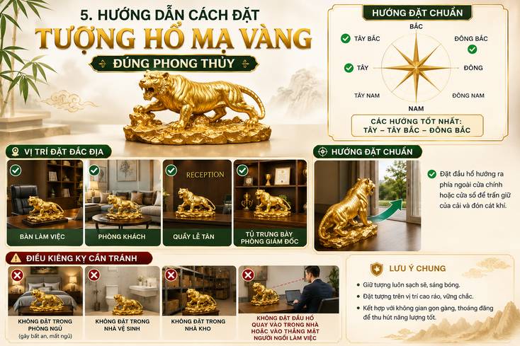 Tượng hổ mạ vàng đặt đúng phong thủy trên bàn làm việc, phòng khách, quầy lễ tân và phòng giám đốc